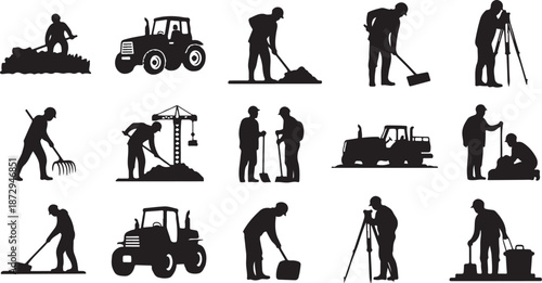 Construction Workers Silhouettes at Various Job Sites and Tasks Daily