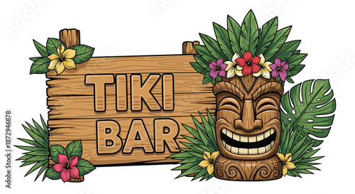 A wooden tiki bar sign decorated with tropical leaves, hibiscus flowers, and a smiling tiki mask idol with a floral crown.