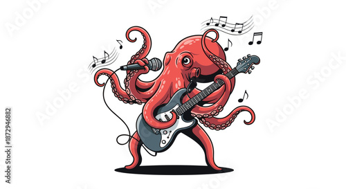 A cool cartoon octopus rock star is singing into a microphone and playing an electric guitar with its many tentacles.