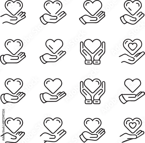 Heart in Hand Line Icon Set – Charity, Healthcare, and Support Vector Illustrations