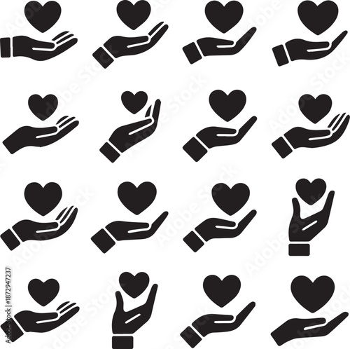 Vector icon set of hands holding hearts, charity and donation concept symbols, care and healthcare flat illustrations on white background.