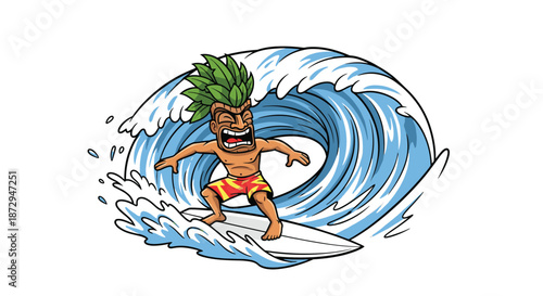 Cartoon tiki man with a pineapple leaf hairdo energetically surfs a big blue wave on a surfboard against a white background.