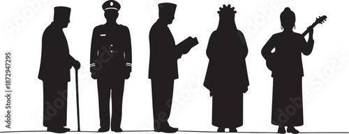 Silhouettes of people in different professions and royal attire standing