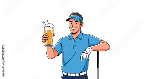 Smiling male golfer in a blue shirt and visor leans on his club while holding up a frosty glass of beer after a game.
