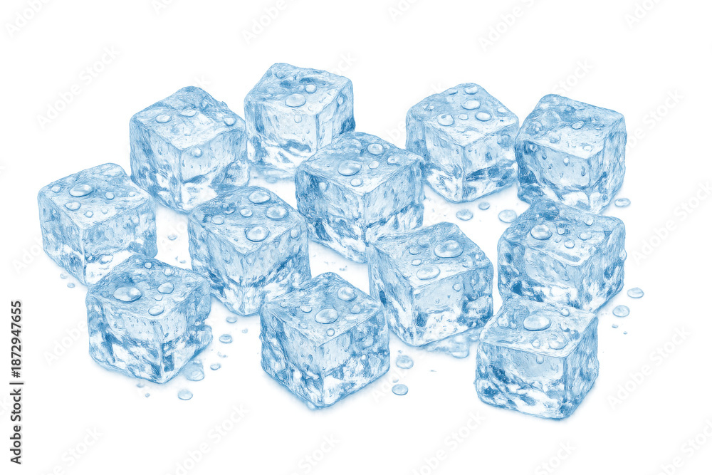 Obraz premium Ice cubes with water droplets melting and chilling, transparent cool crystalline blocks for refreshing drinks, on transparent background
