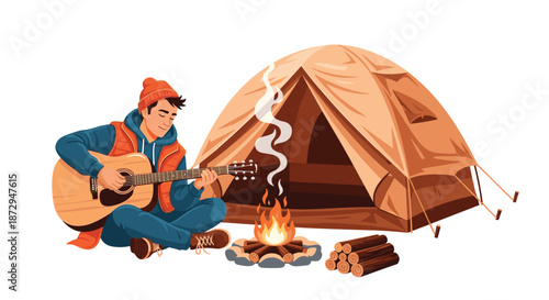 Young man playing an acoustic guitar by a warm campfire in front of a tent, enjoying a peaceful evening in the great outdoors.