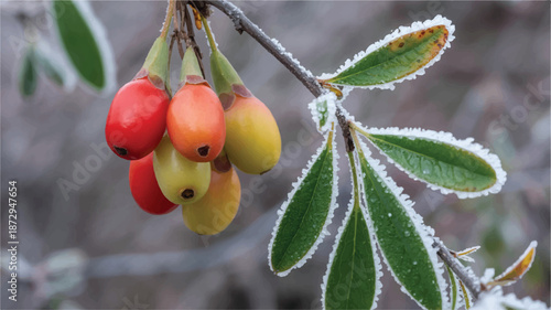 Frozen sea buckthorn berries on a frosty branch with green leaves in winter