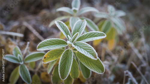 Frozen green leaves with white frost on a cold winter day outdoors