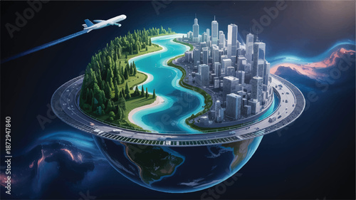 Futuristic city and nature on a circular road with a river and airplane flying over  a vision of sustainable urban planning