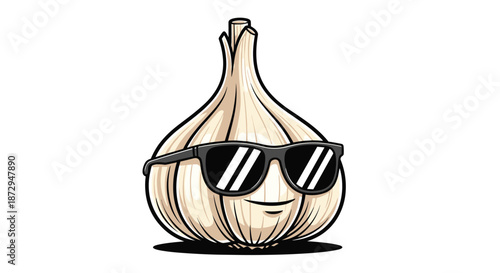 Cool garlic bulb cartoon mascot character wearing black sunglasses with a confident smirk on its face on a white background.