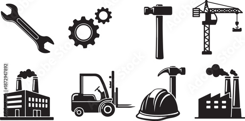 Industrial construction icons and tools for workers and engineers daily