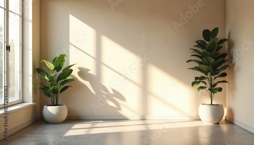 Minimalist room interior features beige walls concrete floor and large window with sunlight. Two large green potted plants add life. Clean serene space.
