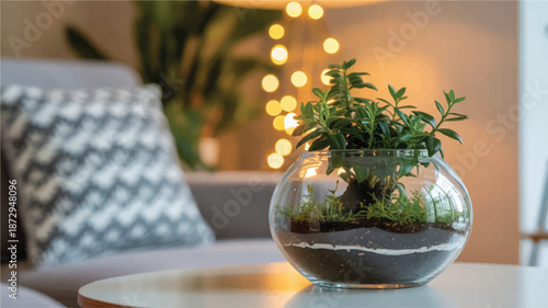 Glass terrarium with green plants on a table indoors