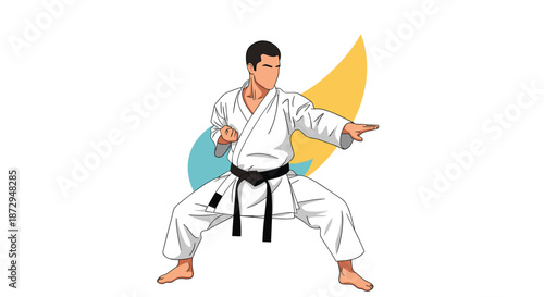 Focused man in a white karategi with a black belt practices a karate stance, demonstrating martial arts skill and discipline.