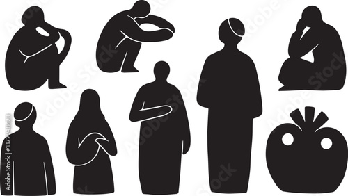 Silhouette of people in various poses and emotions depicted
