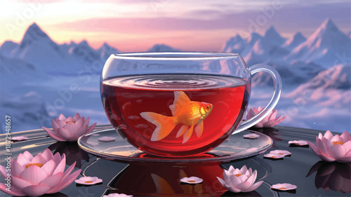 goldfish swimming in a cup of tea on a saucer with lotus flowers on a table with a mountain range in the background
