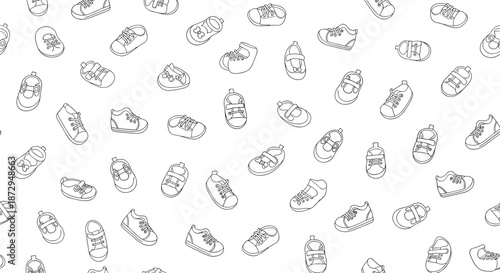 Pattern of simple line drawings of various baby shoe styles scattered randomly on a white background for nursery designs.