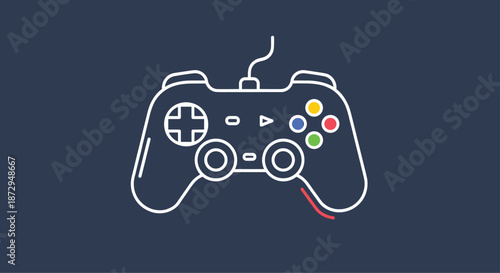 Stylized outline of a video game controller on a dark blue background with colorful buttons for a modern gaming aesthetic.