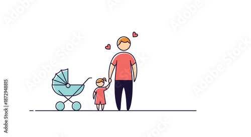 Simple family illustration of a father holding his little girl's hand next to a baby stroller on a white background space.
