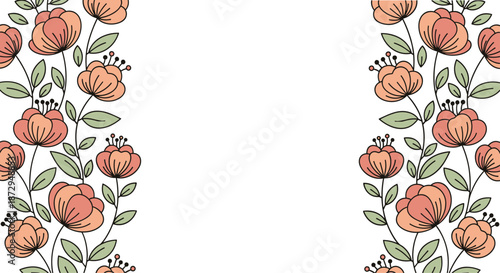 Floral border design with vertical lines of pink flowers and green leaves on the left and right sides of a white space.