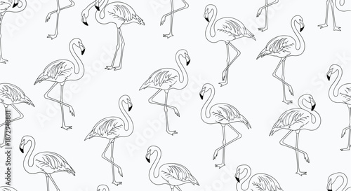 Pattern of elegant flamingo outlines in various graceful poses on a plain light background for a stylish tropical theme.