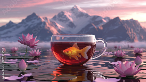 goldfish swimming in a teacup on a serene lake with lotus flowers and mountain range