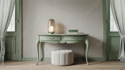 Green vanity table with white ottoman and books on top