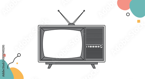 Retro television set with antennas and a blank white screen shown against a minimalist background with colorful geometric accents.