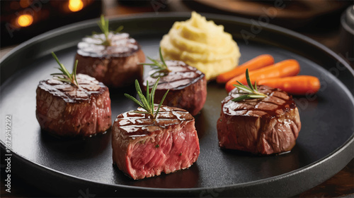 grilled beef fillet steaks with rosemary and vegetables on a plate