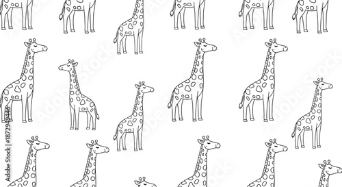 Seamless pattern of charming hand-drawn giraffes in various poses created with a simple black and white line art illustration style.