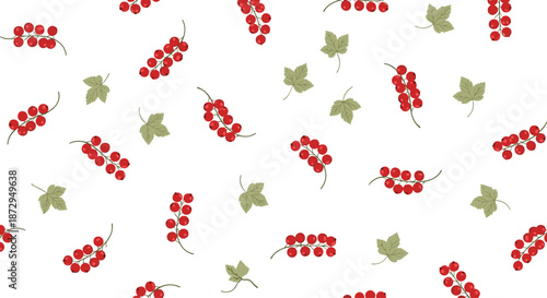 Refreshing seamless pattern featuring clusters of ripe red currants and green leaves scattered across a clean white background.