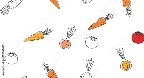 Colorful seamless pattern showcasing fresh garden vegetables including orange carrots, pink onions, and a vibrant red tomato.