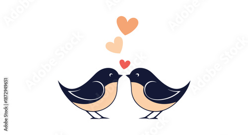Romantic illustration of two dark blue birds facing each other with delicate peach and red hearts floating above their heads.