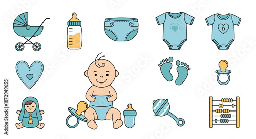 Comprehensive set of charming baby-themed icons and illustrations featuring toys, clothing, and accessories in soft blue tones.