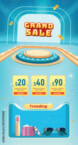 Grand Sale Landing Page Design Vector Illustration For Website and Mobile On Blue Background. E-commerce Design Template.
