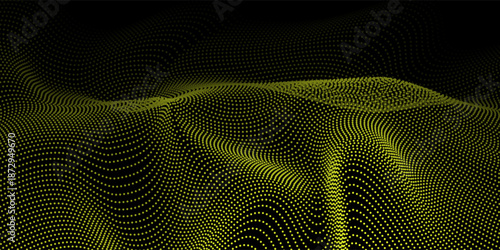 water wave shape on black background, Flowing dot particle light wave pattern, yellow and black gradient halftone. Vector in technology, science, music, modern art.