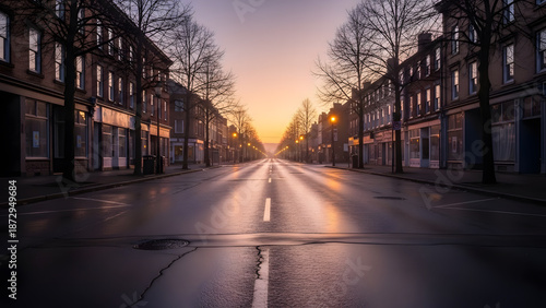 A symmetrical view of a long empty city street lined with brick buildings and bare trees during a golden purple sunrise