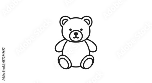 Simple and cute black and white line art illustration of a sitting teddy bear perfect for children and nursery designs.