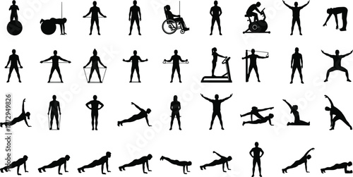 Gym fitness exercise silhouette set with workout training yoga and pilates poses cad drawing flat vector illustration for health club design