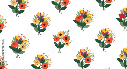 Vibrant seamless pattern featuring repeated clusters of colorful flower bouquets in shades of red, orange, yellow, and purple.
