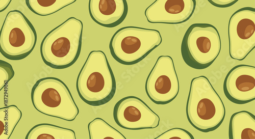 Appetizing seamless pattern of ripe avocado halves with pits against a soft green background for healthy food design themes.