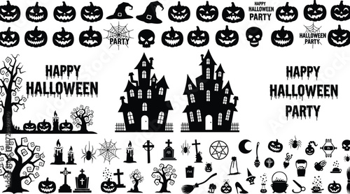 Halloween silhouette set with haunted house pumpkin bat spider web for spooky party cad drawing flat vector illustration holiday decor elements
