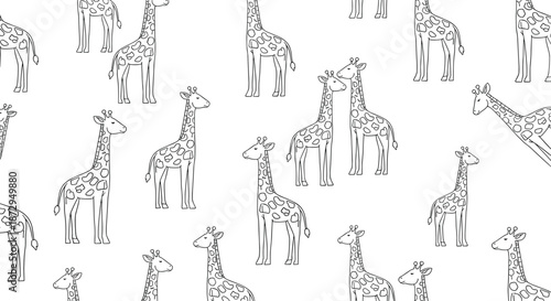 Seamless pattern featuring detailed line art illustrations of giraffes in various poses against a clean white background for children designs.