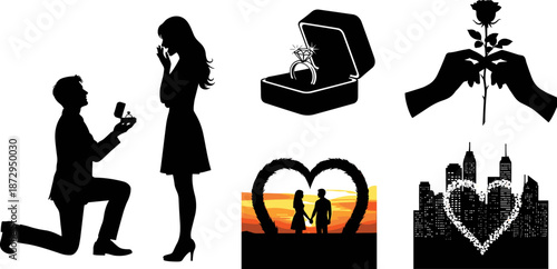 Romantic silhouette illustration, proposal moment, engagement ring, sunset couple, rose gesture, city skyline love, vector art, emotional connection, stock design