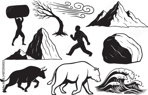 Black and white illustrations of nature and human struggle