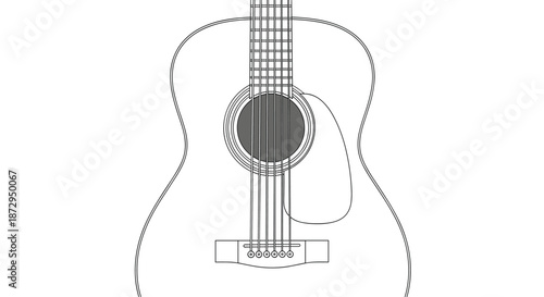 Detailed black and white line art illustration of an acoustic guitar body showing strings, bridge, and sound hole on a plain background.