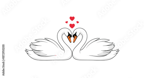Illustration of two white swans facing each other with their necks forming a heart shape and small red hearts floating above them.