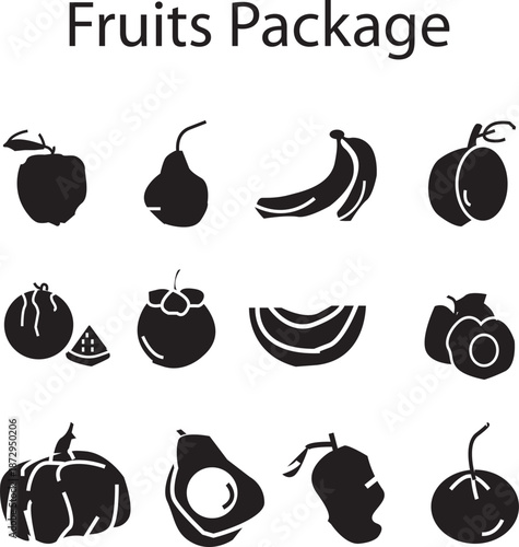Set of 12 Minimalist Fruit Glyph Icons designed in a clean, minimalist style. This set includes popular fruits such as apple, pear, banana, plum, watermelon, mangosteen, melon slice and more vector.