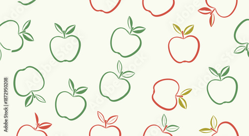Simple seamless pattern of red and green apple outlines with leaves scattered across a light off white background for fresh themes.