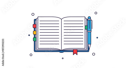 Flat line art illustration of an open notebook with lined pages, a blue pen, and colorful bookmarks on a white background with dots.